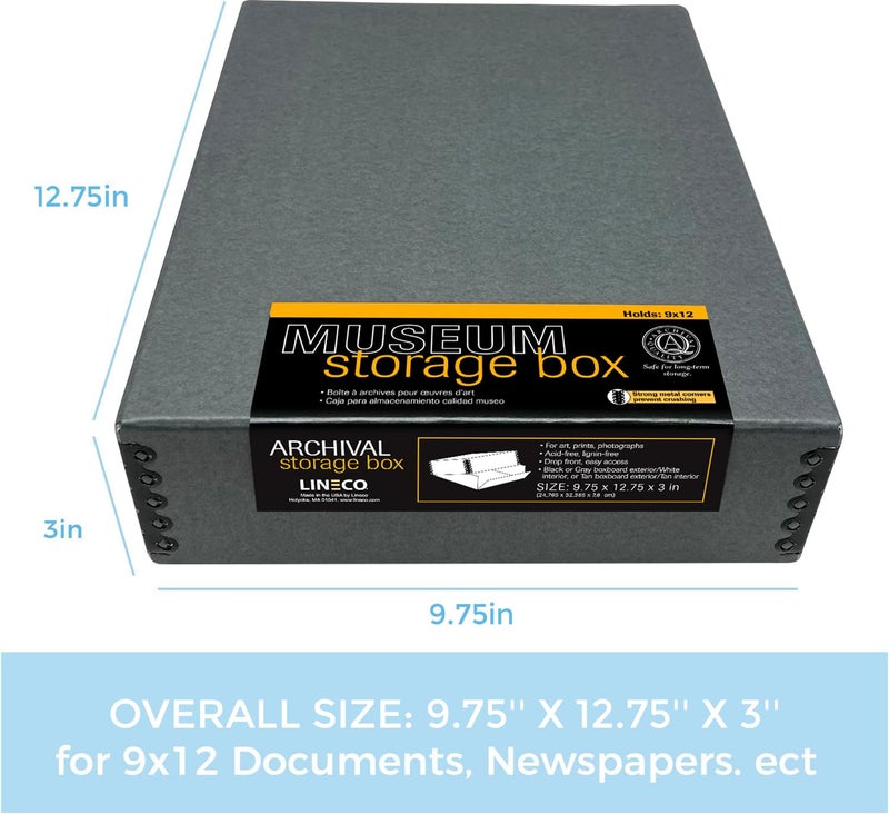 Lineco Museum Archival Storage Box, 9.75x12.75x3 in. Drop Front Design. Acid-Free with Metal Edge. Organize Photos, Pictures, Prints, Documents, Crafts, DIY. Gray, 1 Pack - Image 2